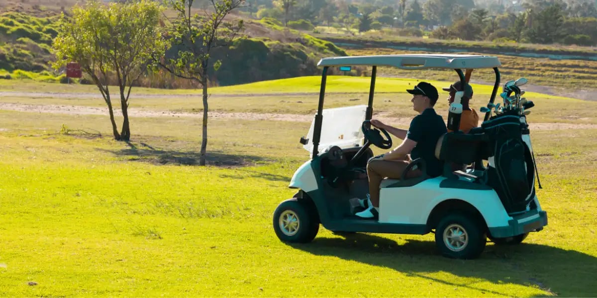 Multiracial young male friends riding in golf cart against clear sky at golf course in summer
